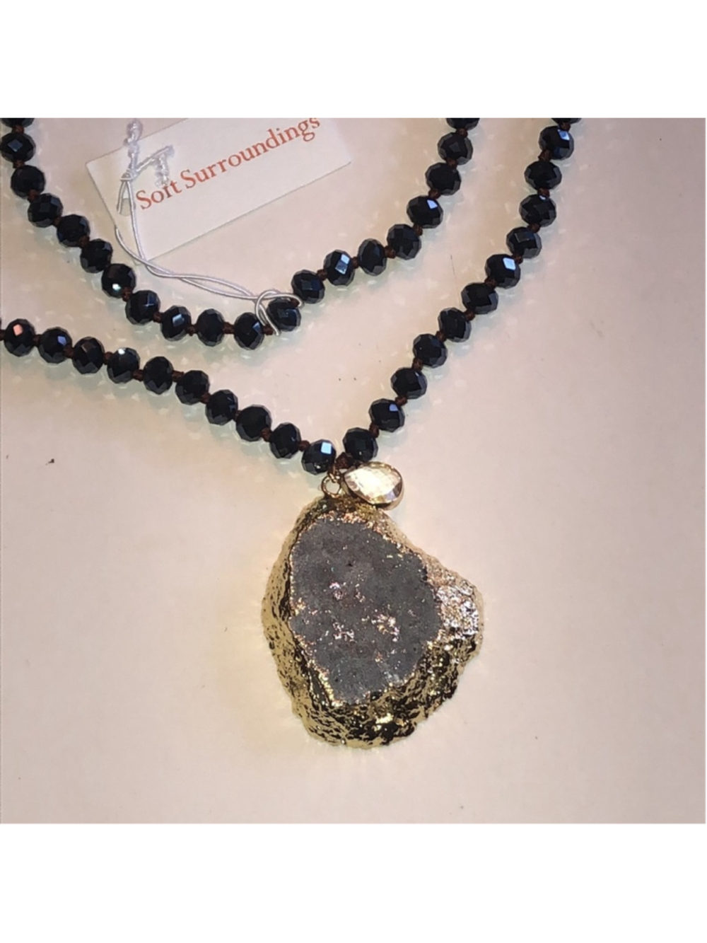Soft Surroundings Black Navy Blue Beaded Necklace with Gold Tone Druzy Pendant
